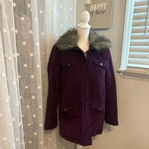 French Connection Deep Purple Utility Jacket with Faux Fur Trim